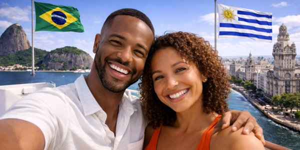 Pareja disfrutando crucero por Brasil y Uruguay con vista a Rio de Janeiro y Montevideo experiencia real desde Argentina