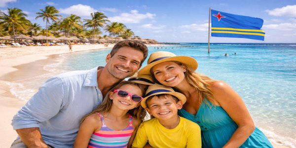 Familia disfrutando un viaje a Aruba desde Argentina con playa de arena blanca y mar turquesa en el Caribe