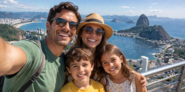 Familia con niños disfrutando viaje a Brasil con vista panorámica y playa experiencia real organizada desde Argentina