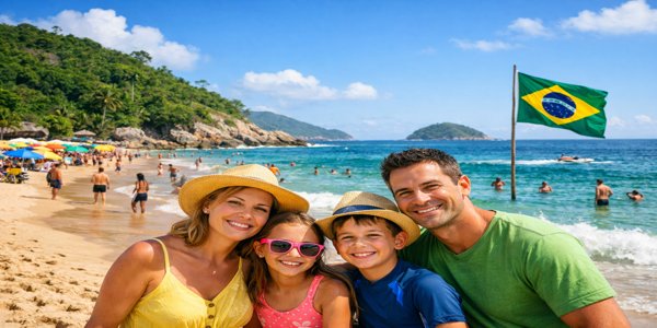 Familia disfrutando la playa en Brasil durante un viaje en febrero organizado a medida desde Argentina