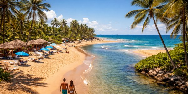 Playa de Imbassaí en Brasil con río y mar, pareja caminando en la arena experiencia de viaje a medida desde Argentina