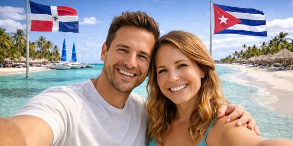Pareja disfrutando playa en Caribe con aguas turquesas en Bayahibe y Varadero viaje desde Argentina