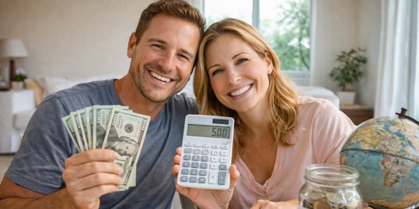 Pareja planificando un viaje económico optimizando presupuesto con mapas, dinero y calculadora