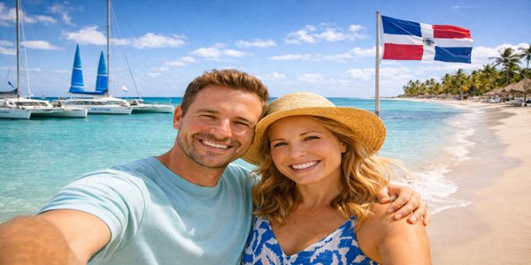 Pareja disfrutando un viaje al Caribe en Punta Cana y Bayahibe con playa de arena blanca y mar turquesa
