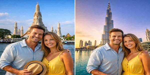 Pareja disfrutando un viaje a medida por Tailandia y Dubái desde Argentina, frente a templos y rascacielos icónicos
