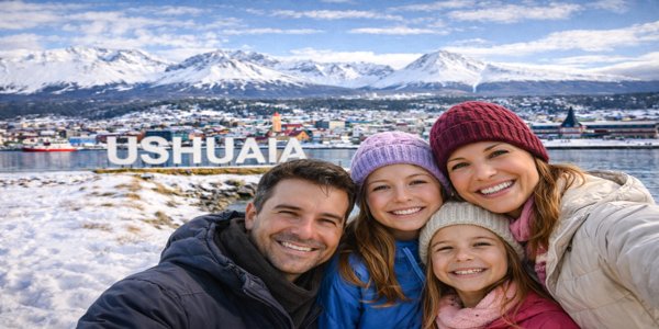 Familia disfrutando un viaje a Ushuaia desde Argentina con paisaje nevado y montañas al fondo en invierno